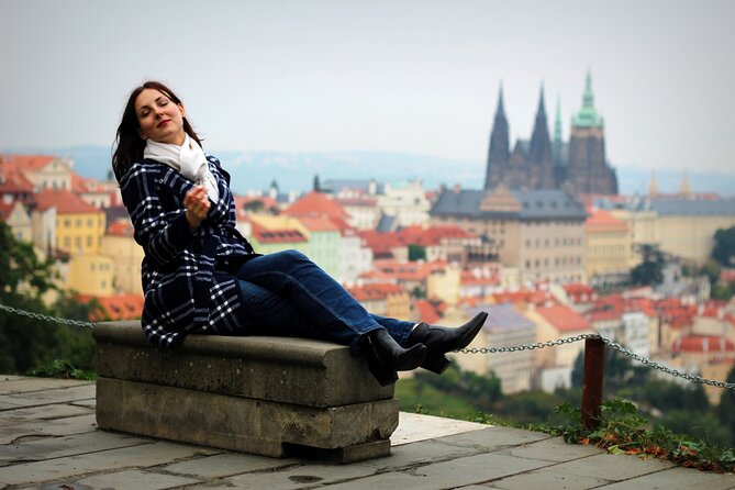 Private Prague Photoshoot for Individuals, Couples and Families - Crossing Charles Bridge with the castle behind you